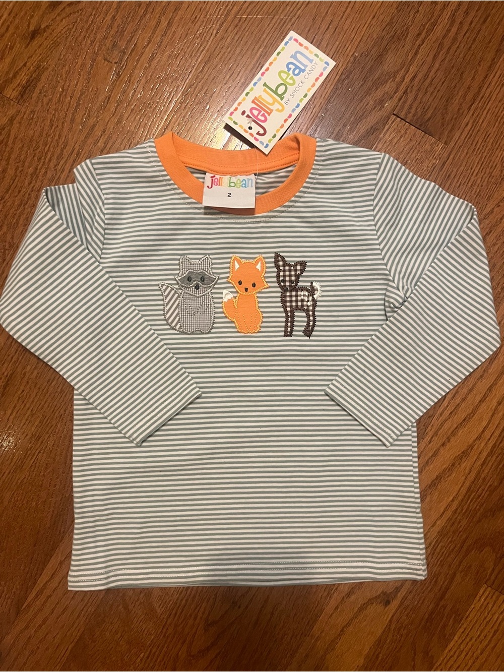 Jelly Beans Gray-White Stripe Long-Sleeve Top with Woodlands appliqués